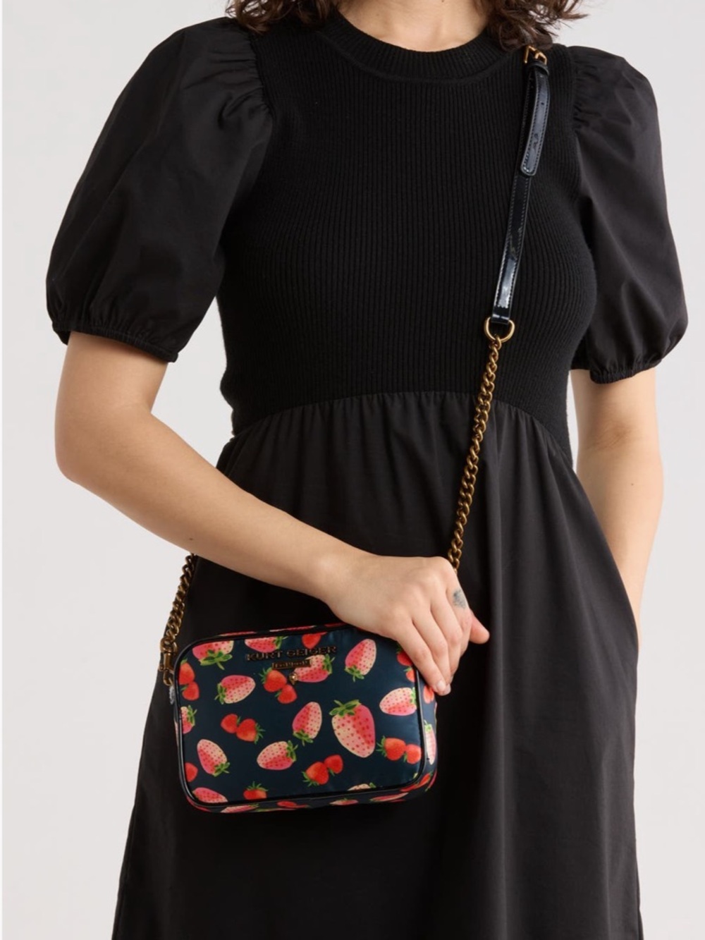 Kurt Geiger Navy Crossbody Bag with Pink Strawberry Print - Picture 3 of 6